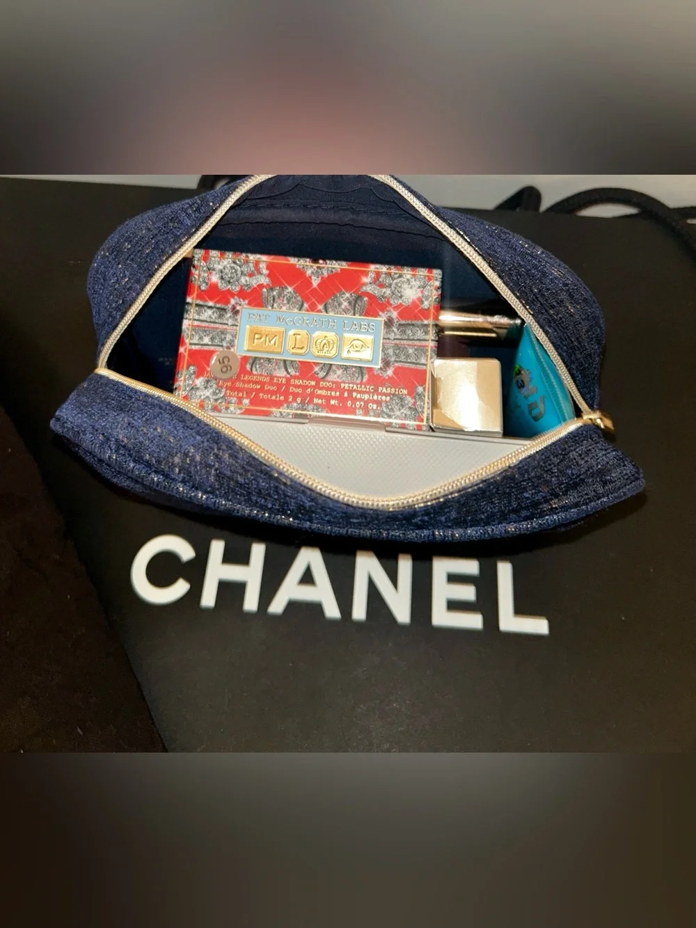 Chanel 2023 Holiday Limited Edition Navy Sparkle Makeup Pouch with Makeup